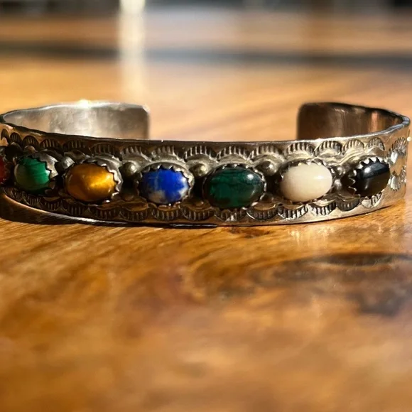 Native American VINTAGE Jerry Bahe Bracelet 6” Multi‎ Stone SSilver cuff 20.43g